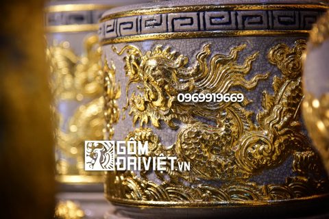 Bát hương Long Chầu Nguyệt đắp nổi dát vàng Bát Tràng - Men rạn - Phi 18