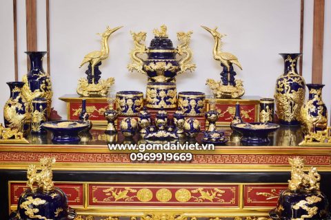 Bộ đồ thờ gốm sứ dát vàng cao cấp Bát Tràng - Men Thúy Lam