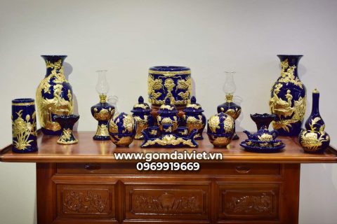 Bộ đồ thờ thổ công gốm sứ dát vàng cao cấp Bát Tràng - Men Thúy Lam