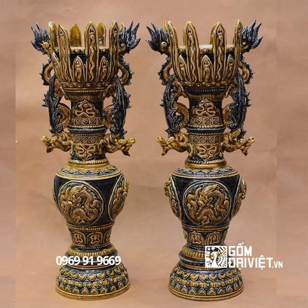 Chân đèn thờ Mạc đắp nổi Bát Tràng - 45cm