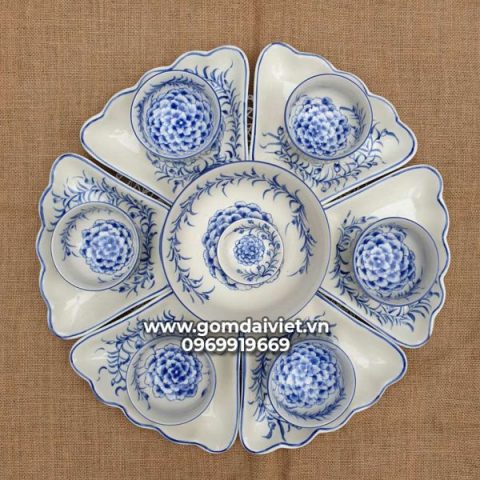 Bộ bát đĩa ăn cơm vẽ Hoa văn cổ hoa mặt trời 7 món Bát Tràng