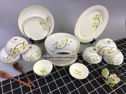Bộ bát đĩa ăn cơm đầy đủ món vẽ hoa sen vàng S6