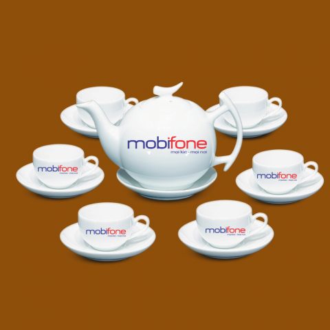 Bộ ấm trà Bát Tràng quà tặng in logo Mobifone