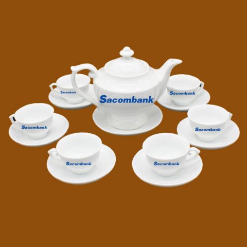Bộ ấm trà Bát Tràng quà tặng in logo Sacombank