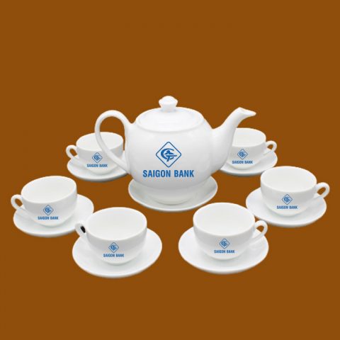 Bộ ấm trà Bát Tràng quà tặng in logo Saigonbank
