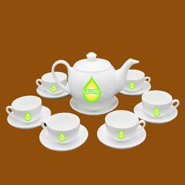 Bộ ấm trà trắng Bát Tràng quà tặng in logo Calofic
