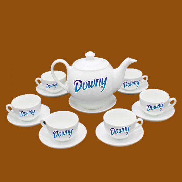 Bộ ấm trà trắng Bát Tràng quà tặng in logo Downy