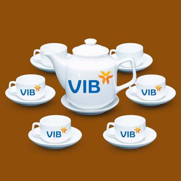 Bộ ấm trà trắng Bát Tràng quà tặng in logo VIB