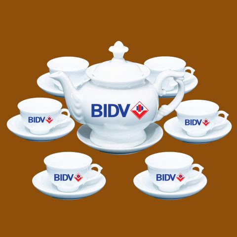 Bộ ấm trà trắng quà tặng in logo Bidv Bank