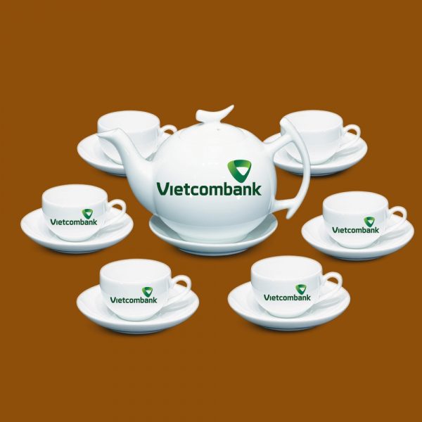 Bộ ấm trà trắng quà tặng in logo Vietcombank