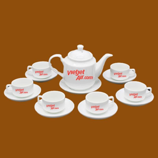 Bộ ấm trà trắng quà tặng in logo Vietjet Air