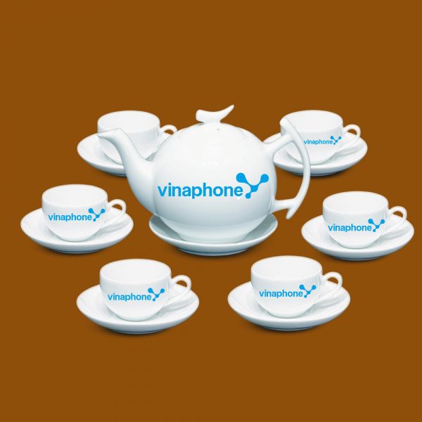 Bộ ấm trà trắng quà tặng in logo VinaPhone