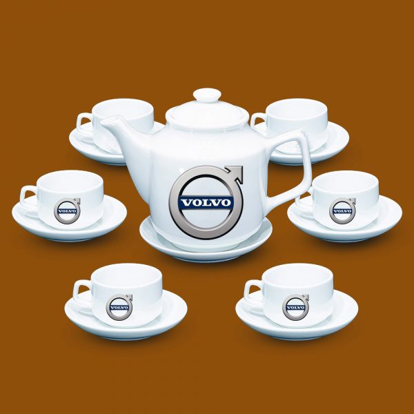 Bộ ấm trà trắng quà tặng in logo Volvo