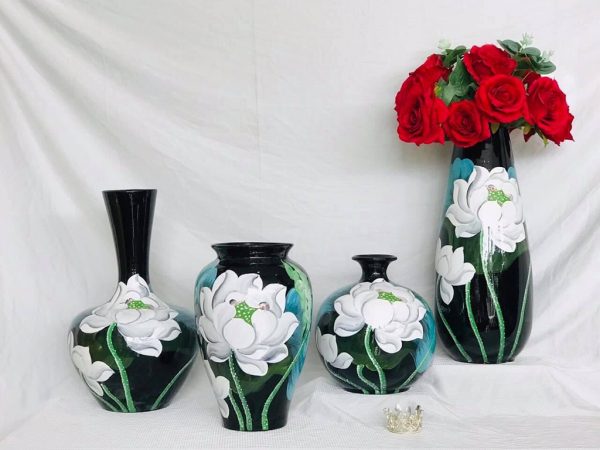 Bộ lọ hoa sơn mài decor vẽ hoa sen trắng Bát Tràng
