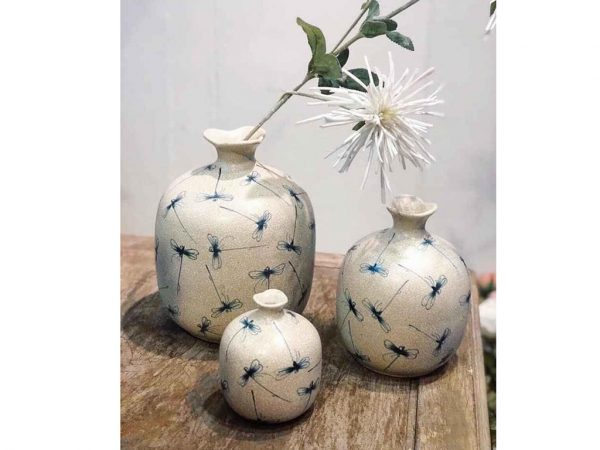 Set 3 lọ hoa Bát Tràng decor miệng tam giác men rạn vẽ chuồn chuồn chàm