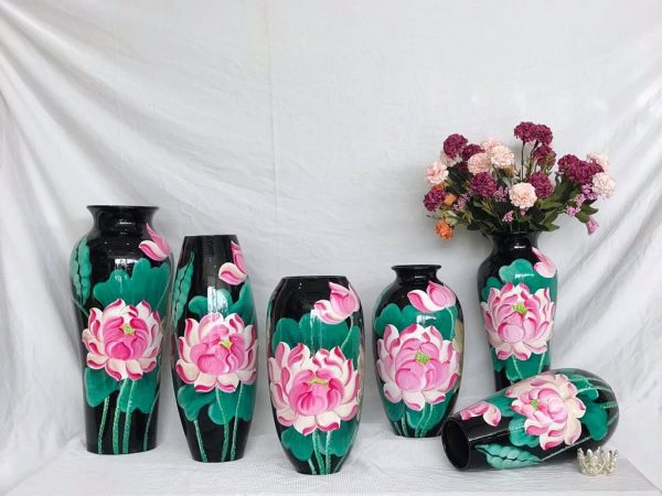 Set lọ hoa sơn mài trang trí decor vẽ hoa sen hồng 3D nền đen